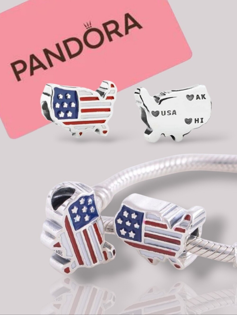 PANDORA Sterling Silver USA National Flag Map Charm With Mixed Enamels Retired